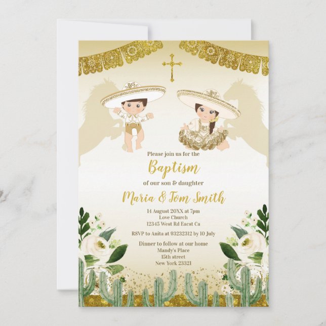 Gold Cactus Birthday Baptism Fiesta Twin Invitatio Invitation (Front)