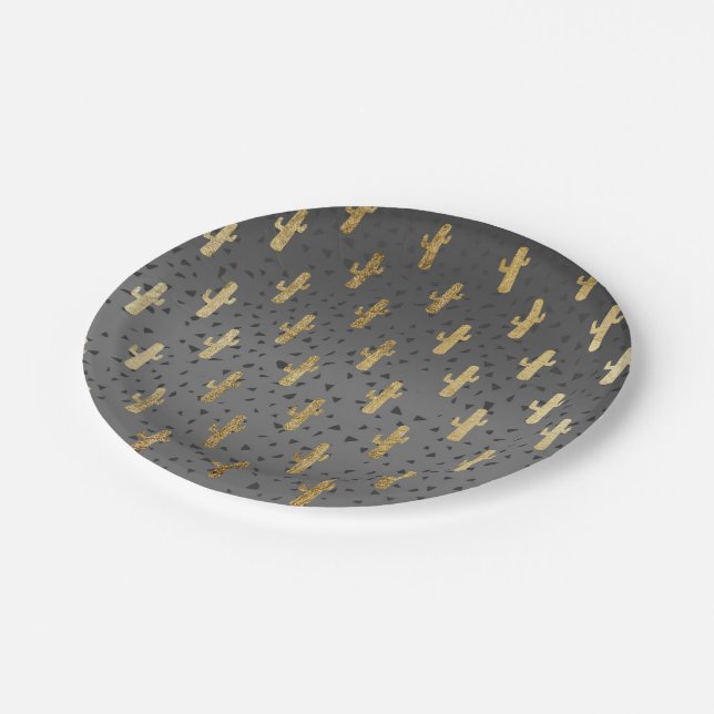 Gold Cactus on Modern Chic Geo Triangles Gradient Paper Plate (Angled)