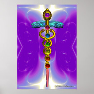 GOLD CADUCEUS 7 CHAKRAS,Yoga,Medical Purple Violet Poster