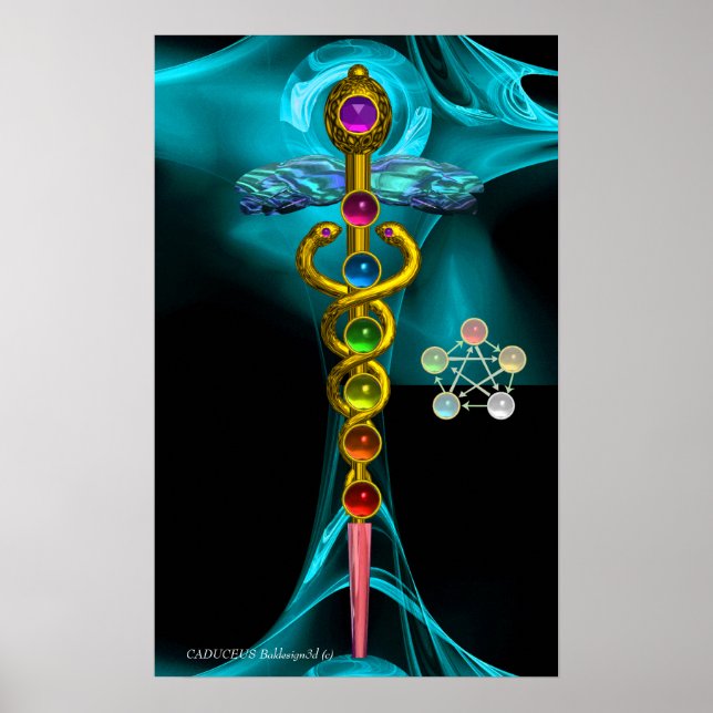 GOLD CADUCEUS AND 7 CHAKRAS IN BLUE FRACTAL ROSE POSTER (Front)
