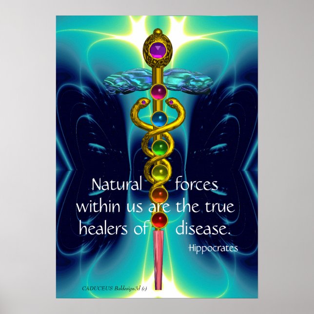 GOLD CADUCEUS AND 7 CHAKRAS IN TEAL BLUE WAVES POSTER (Front)