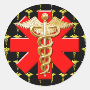 Gold Caduceus And Medical Cross Classic Round Sticker
