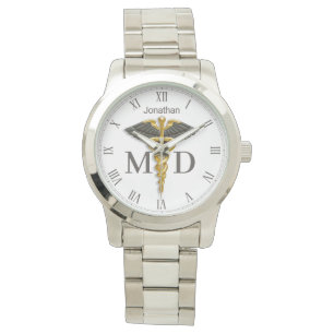 Gold Caduceus Black Wings Name Medical Doctor MD Watch