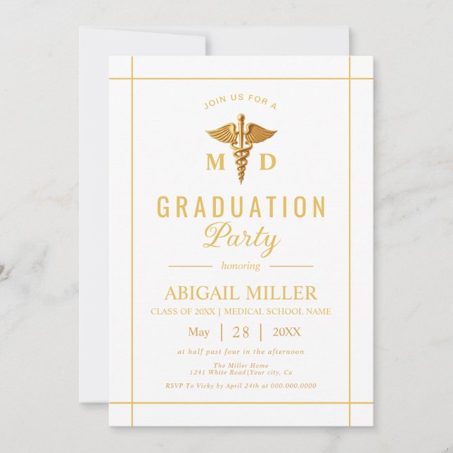 Gold caduceus Class Of 2025 white graduation Invitation (Front)