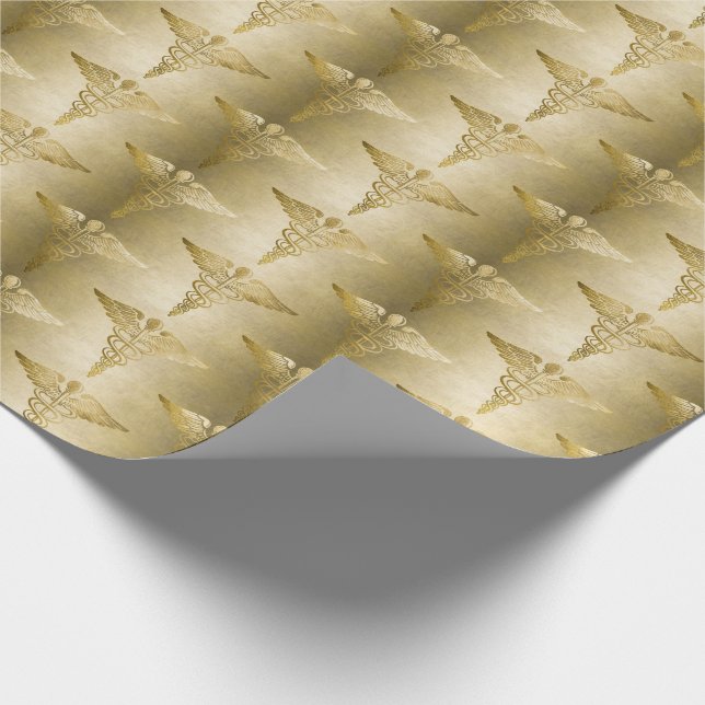 Gold Caduceus Doctor Medical Symbol Pattern Wrapping Paper (Corner)