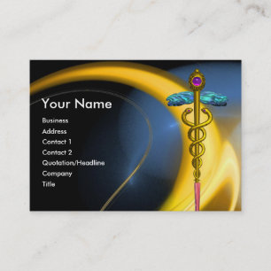 GOLD CADUCEUS IN BLUE YELLOW FRACTAL SWIRLS BUSINESS CARD