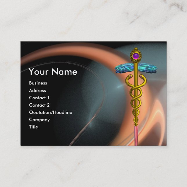GOLD CADUCEUS IN PINK WHITE GREY FRACTAL SWIRLS BUSINESS CARD (Front)