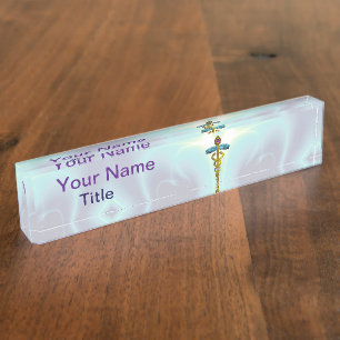 GOLD CADUCEUS , Light Teal Blue Nameplate