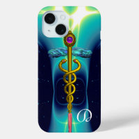 GOLD CADUCEUS MEDICAL MONOGRAM ,Teal Aqua blue