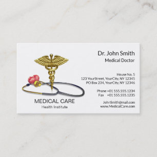 Gold Caduceus Medical & Stethoscope with Heart Business Card