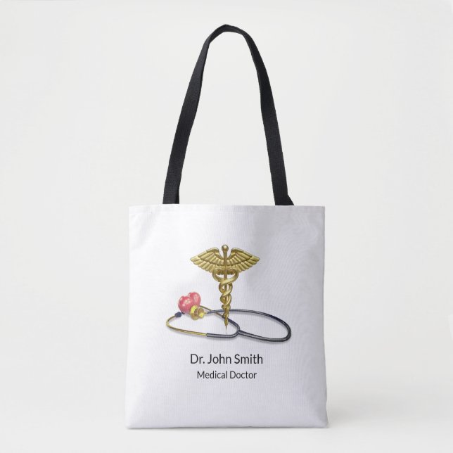 Gold Caduceus & Medical Stethoscope with Heart Tote Bag (Front)