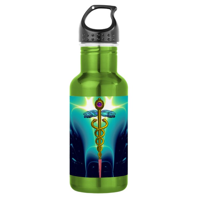 GOLD CADUCEUS MEDICAL SYMBOL Aqua Blue Light Waves 532 Ml Water Bottle (Front)