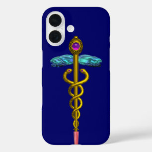 GOLD CADUCEUS MEDICAL SYMBOL ,Blue iPhone 16 Case