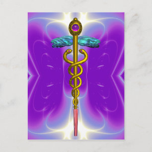 GOLD CADUCEUS MEDICAL SYMBOL BLUE PURPLE FRACTALS POSTCARD
