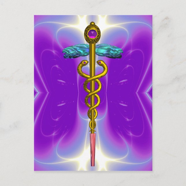GOLD CADUCEUS MEDICAL SYMBOL BLUE PURPLE FRACTALS POSTCARD (Front)