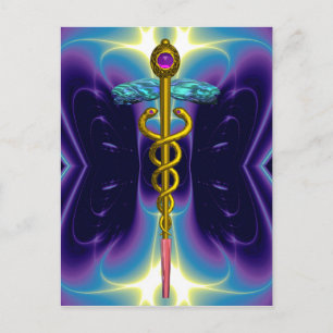 GOLD CADUCEUS MEDICAL SYMBOL BLUE PURPLE FRACTALS POSTCARD