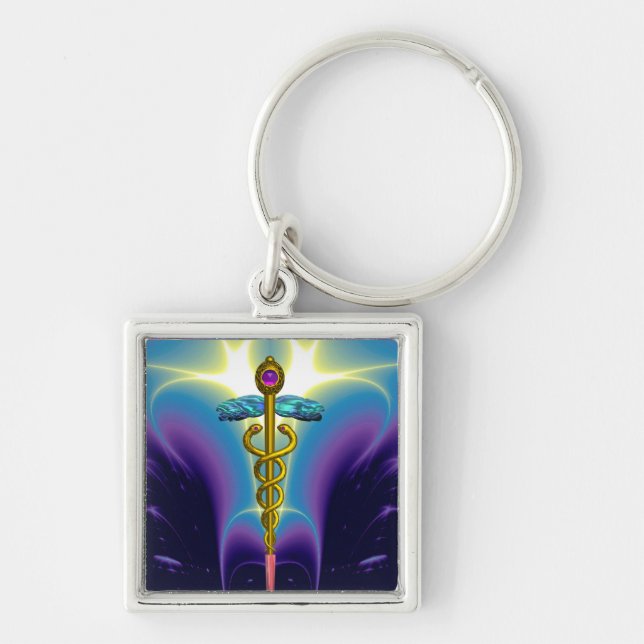 GOLD CADUCEUS MEDICAL SYMBOL Blue Purple Keychain (Front)