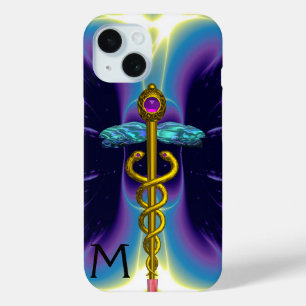 GOLD CADUCEUS MEDICAL SYMBOL ,Blue Purple Monogram iPhone 15 Case