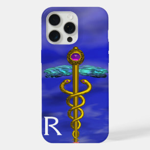 GOLD CADUCEUS MEDICAL SYMBOL Blue Sky Monogram iPhone 15 Pro Max Case