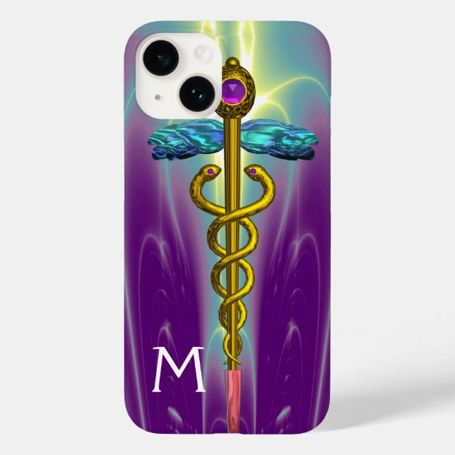 GOLD CADUCEUS MEDICAL SYMBOL Green Purple Monogram Case-Mate iPhone Case (Back)