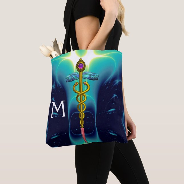 GOLD CADUCEUS MEDICAL SYMBOL MONOGRAM, Teal Blue Tote Bag (Close Up)