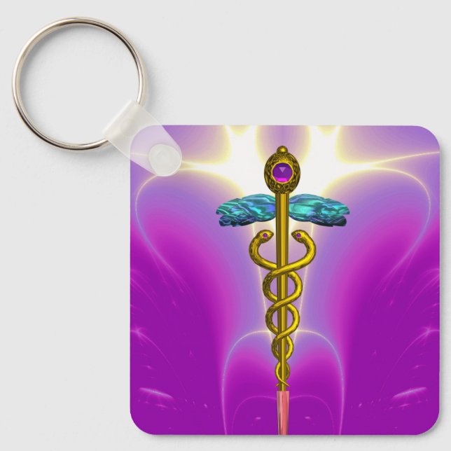 GOLD CADUCEUS MEDICAL SYMBOL,Pink Fuchsia Keychain (Front)