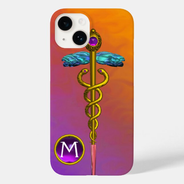 GOLD CADUCEUS MEDICAL SYMBOL Purple Gem Monogram Case-Mate iPhone Case (Back)
