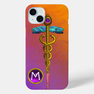 GOLD CADUCEUS MEDICAL SYMBOL Purple Gem Monogram iPhone 15 Mini Case