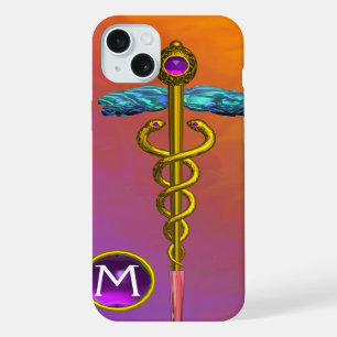 GOLD CADUCEUS MEDICAL SYMBOL Purple Gem Monogram iPhone 15 Plus Case
