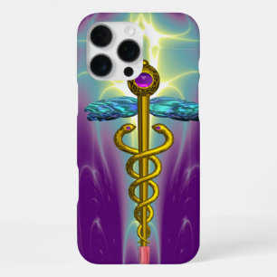GOLD CADUCEUS MEDICAL SYMBOL ,Teal Green Purple iPhone 16 Pro Max Case