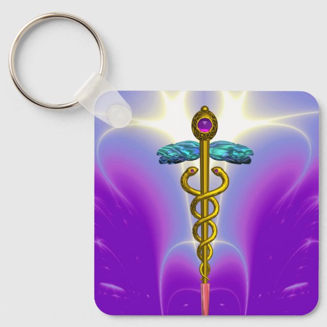 GOLD CADUCEUS MEDICAL SYMBOL Ultra Violet Purple Keychain (Front)