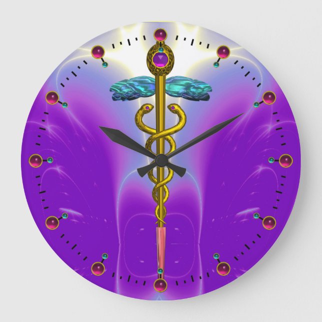 GOLD CADUCEUS Medical Symbol  Ultra Violet Purple Large Clock (Front)