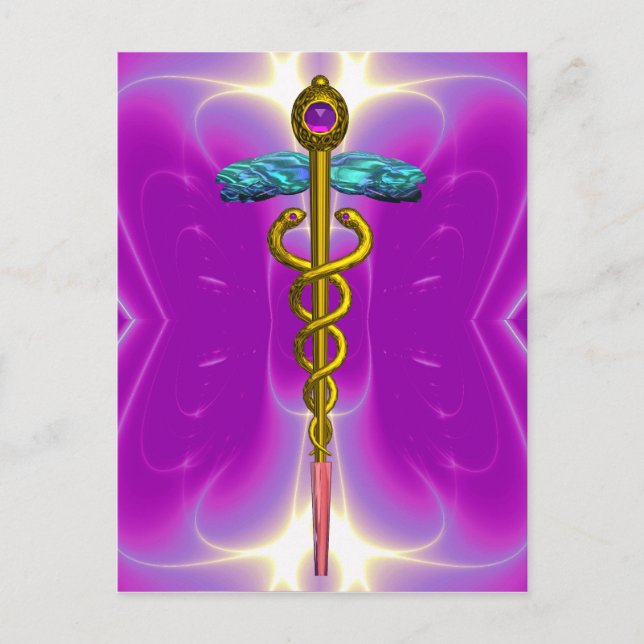 GOLD CADUCEUS MEDICAL SYMBOL VIOLET PINK FRACTALS POSTCARD (Front)