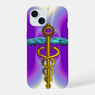 GOLD CADUCEUS MEDICAL SYMBOL ,Violet Purple iPhone 15 Case