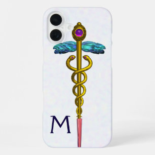 GOLD CADUCEUS MEDICAL SYMBOL White Monogram iPhone 16 Plus Case