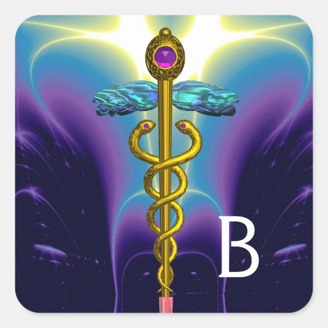 GOLD CADUCEUS MONOGRAM , Purple Blue Square Sticker (Front)