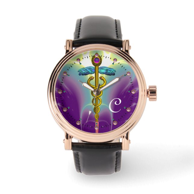 GOLD CADUCEUS MONOGRAM ,Purple Green Watch (Front)