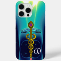 GOLD CADUCEUS MONOGRAM ,Teal Aqua blue