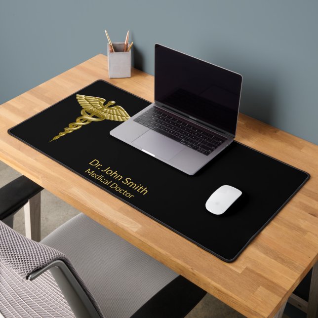 Gold Caduceus on Black Medical Classy Desk Mat (Office 2)