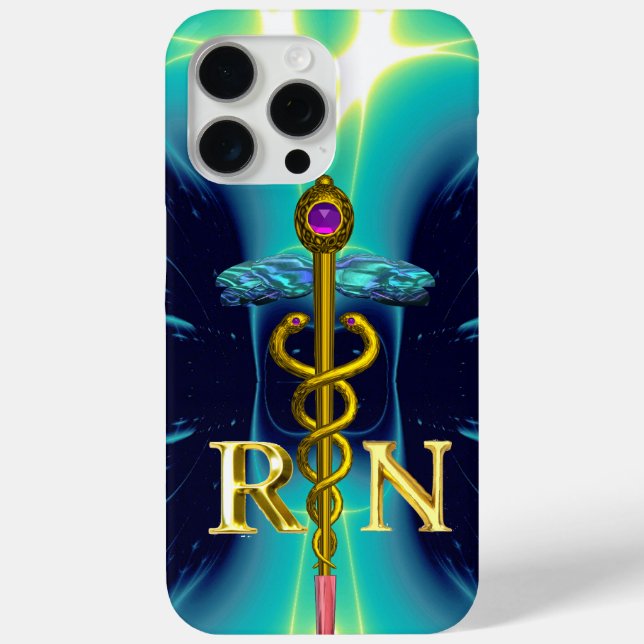 GOLD CADUCEUS REGISTERED NURSE SYMBOL Aqua Blue Case-Mate iPhone Case (Back)