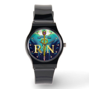 GOLD CADUCEUS REGISTERED NURSE SYMBOL Aqua Blue Watch