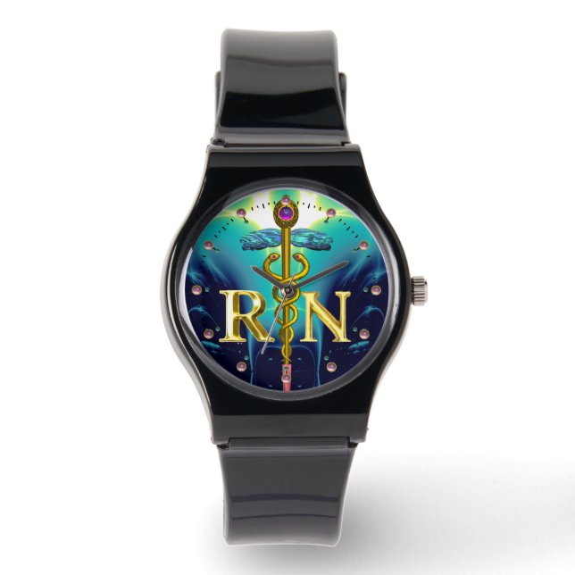 GOLD CADUCEUS REGISTERED NURSE SYMBOL Aqua Blue Watch (Front)