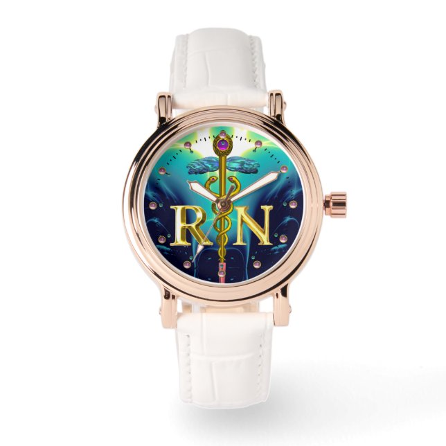 GOLD CADUCEUS REGISTERED NURSE SYMBOL Aqua Blue Watch (Front)