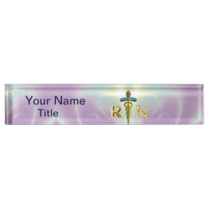 GOLD CADUCEUS REGISTERED NURSE SYMBOL Light Purple Nameplate