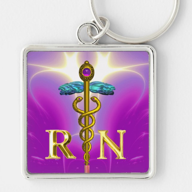 GOLD CADUCEUS REGISTERED NURSE SYMBOL Pink Fuchsia Keychain (Front)