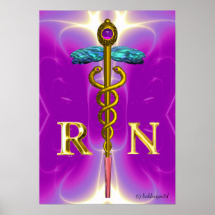 GOLD CADUCEUS REGISTERED NURSE SYMBOL,Pink Fuchsia Poster