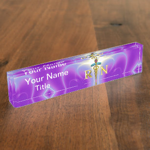 GOLD CADUCEUS REGISTERED NURSE SYMBOL Pink Purple Nameplate