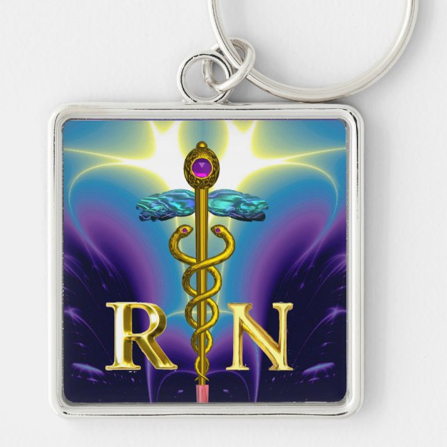 GOLD CADUCEUS REGISTERED NURSE SYMBOL Purple Blue Keychain (Front)
