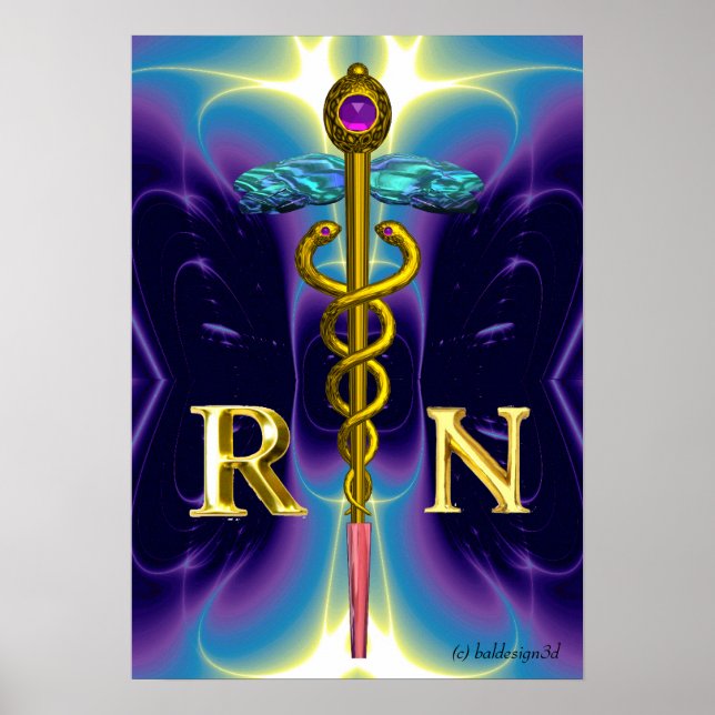 GOLD CADUCEUS REGISTERED NURSE SYMBOL Purple Blue Poster (Front)