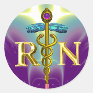 GOLD CADUCEUS REGISTERED NURSE SYMBOL Purple Green Classic Round Sticker